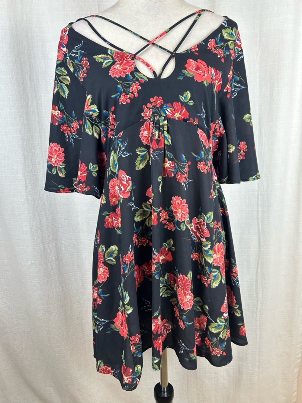 one clothing Black Mini Dress with Red Floral Print and Green Leaves Crisscross